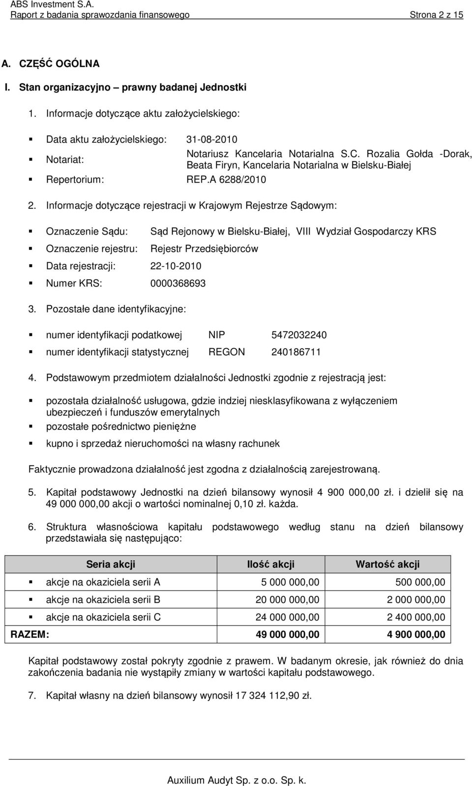 Rozalia Gołda -Dorak, Beata Firyn, Kancelaria Notarialna w Bielsku-Białej Repertorium: REP.A 6288/2010 2.