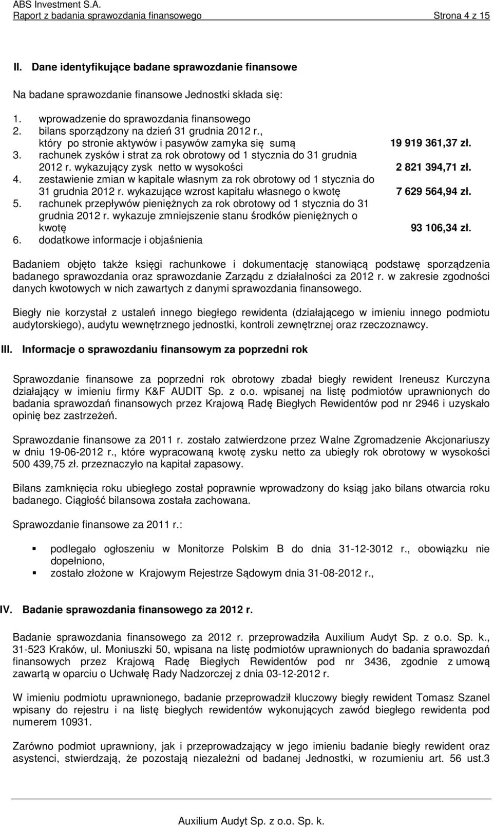 wykazujący zysk netto w wysokości 2 821 394,71 zł. 4. zestawienie zmian w kapitale własnym za rok obrotowy od 1 stycznia do 31 grudnia 2012 r.