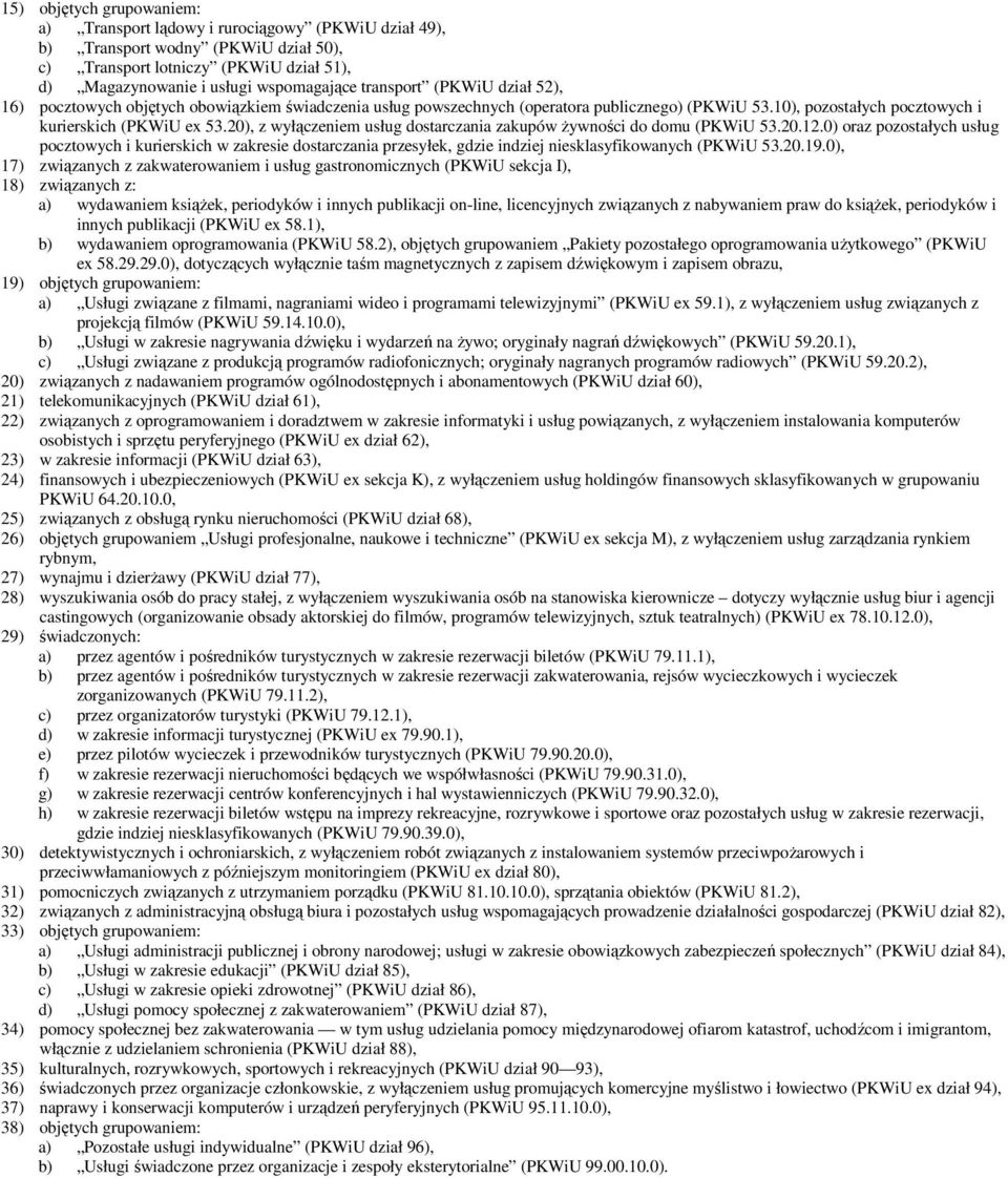 20), z wyłączeniem usług dostarczania zakupów Ŝywności do domu (PKWiU 53.20.12.