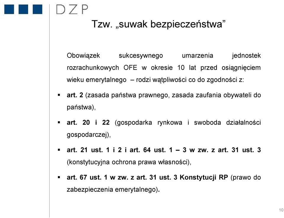 20 i 22 (gospodarka rynkowa i swoboda działalności gospodarczej), art. 21 ust. 1 i 2 i art. 64 ust. 1 3 w zw. z art. 31 ust.