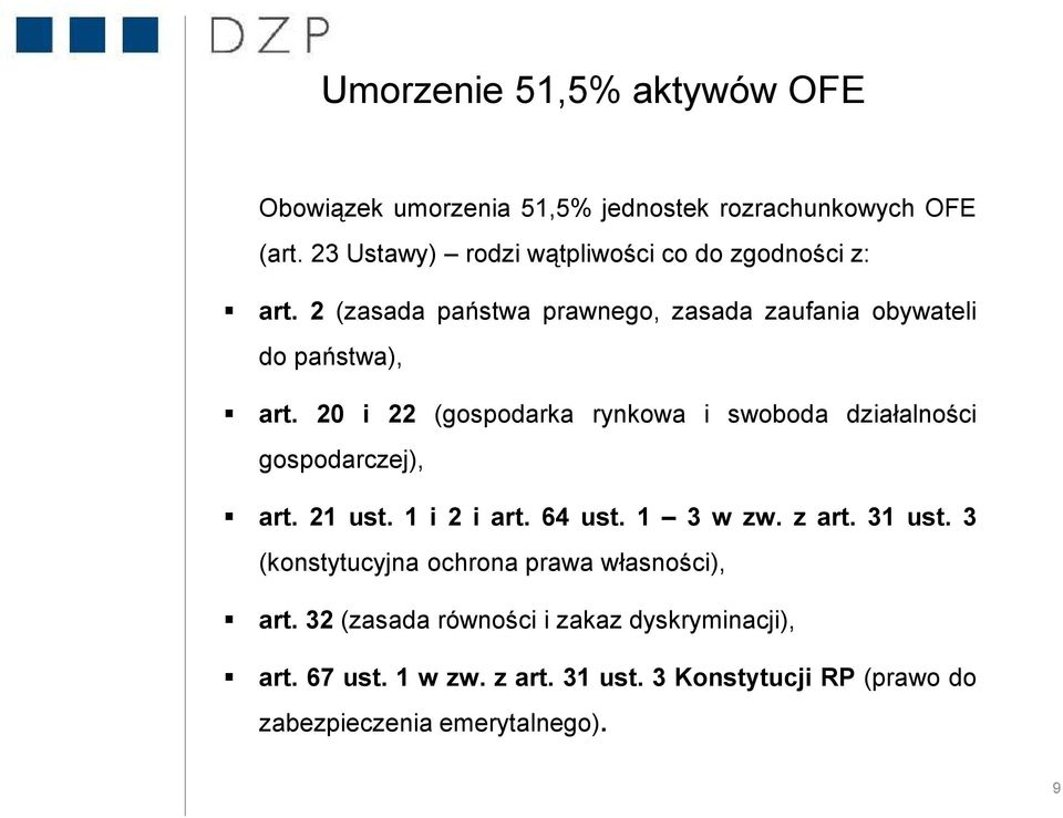 20 i 22 (gospodarka rynkowa i swoboda działalności gospodarczej), art. 21 ust. 1 i 2 i art. 64 ust. 1 3 w zw. z art. 31 ust.