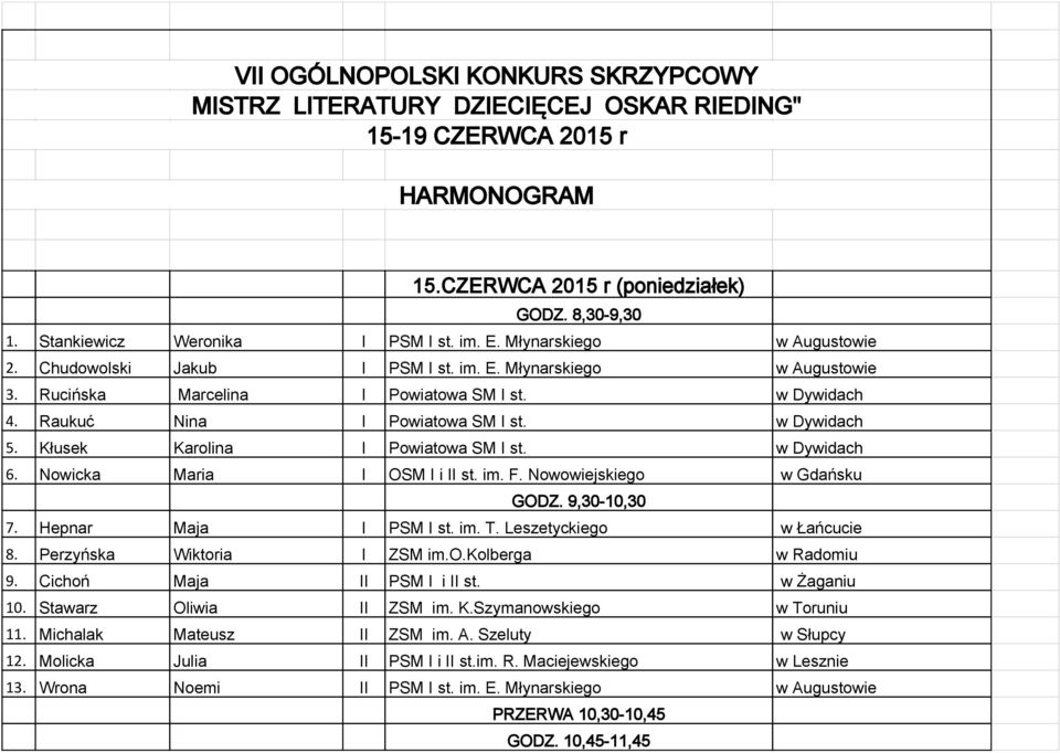 w Dywidach 5. Kłusek Karolina I Powiatowa SM I st. w Dywidach 6. Nowicka Maria I OSM I i II st. im. F. Nowowiejskiego w Gdańsku GODZ. 9,30-10,30 7. Hepnar Maja I PSM I st. im. T.