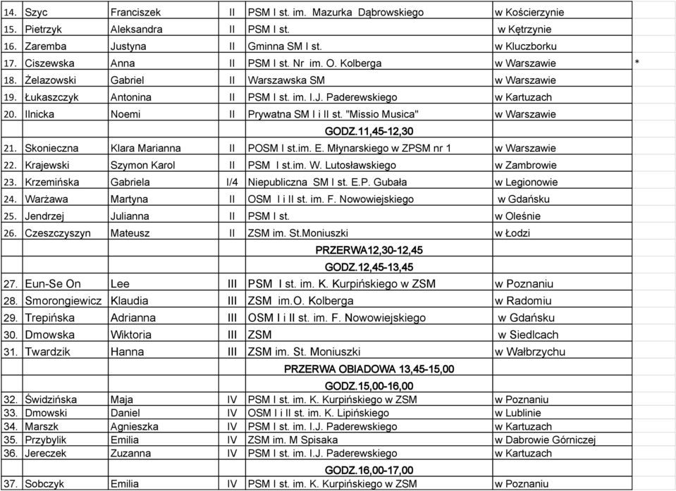 Ilnicka Noemi II Prywatna SM I i II st. "Missio Musica" w Warszawie GODZ.11,45-12,30 21. Skonieczna Klara Marianna II POSM I st.im. E. Młynarskiego w ZPSM nr 1 w Warszawie 22.