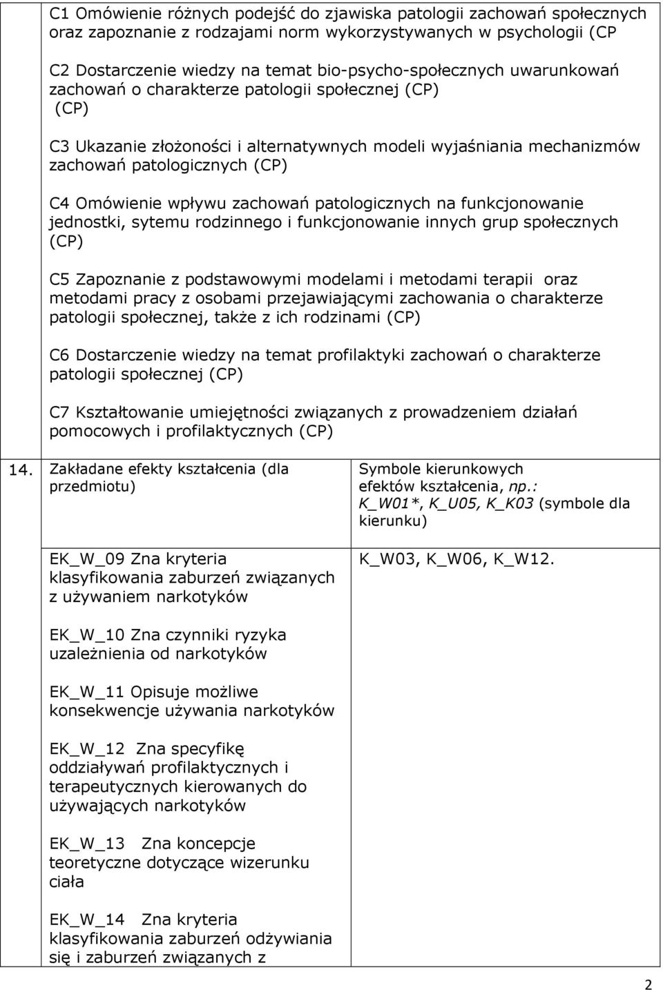 patologicznych na funkcjonowanie jednostki, sytemu rodzinnego i funkcjonowanie innych grup społecznych (CP) C5 Zapoznanie z podstawowymi modelami i metodami terapii oraz metodami pracy z osobami