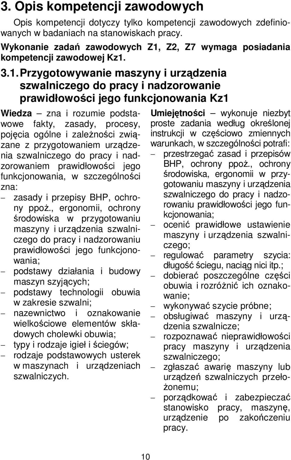 Z2, Z7 wymaga posiadania kompetencji zawodowej Kz1.