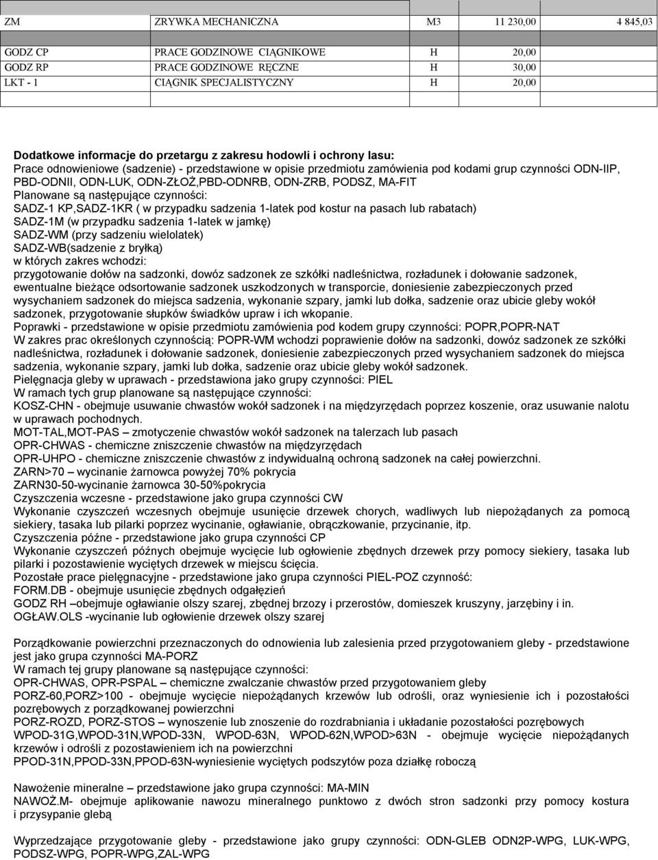 PODSZ, MA-FIT Planowane są następujące czynności: SADZ-1 KP,SADZ-1KR ( w przypadku sadzenia 1-latek pod kostur na pasach lub rabatach) SADZ-1M (w przypadku sadzenia 1-latek w jamkę) SADZ-WM (przy