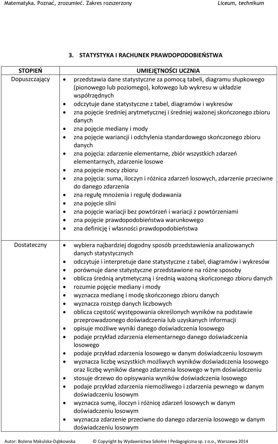 zna pojęcie wariancji i odchylenia standardowego skończonego zbioru danych zna pojęcia: zdarzenie elementarne, zbiór wszystkich zdarzeń elementarnych, zdarzenie losowe zna pojęcie mocy zbioru zna