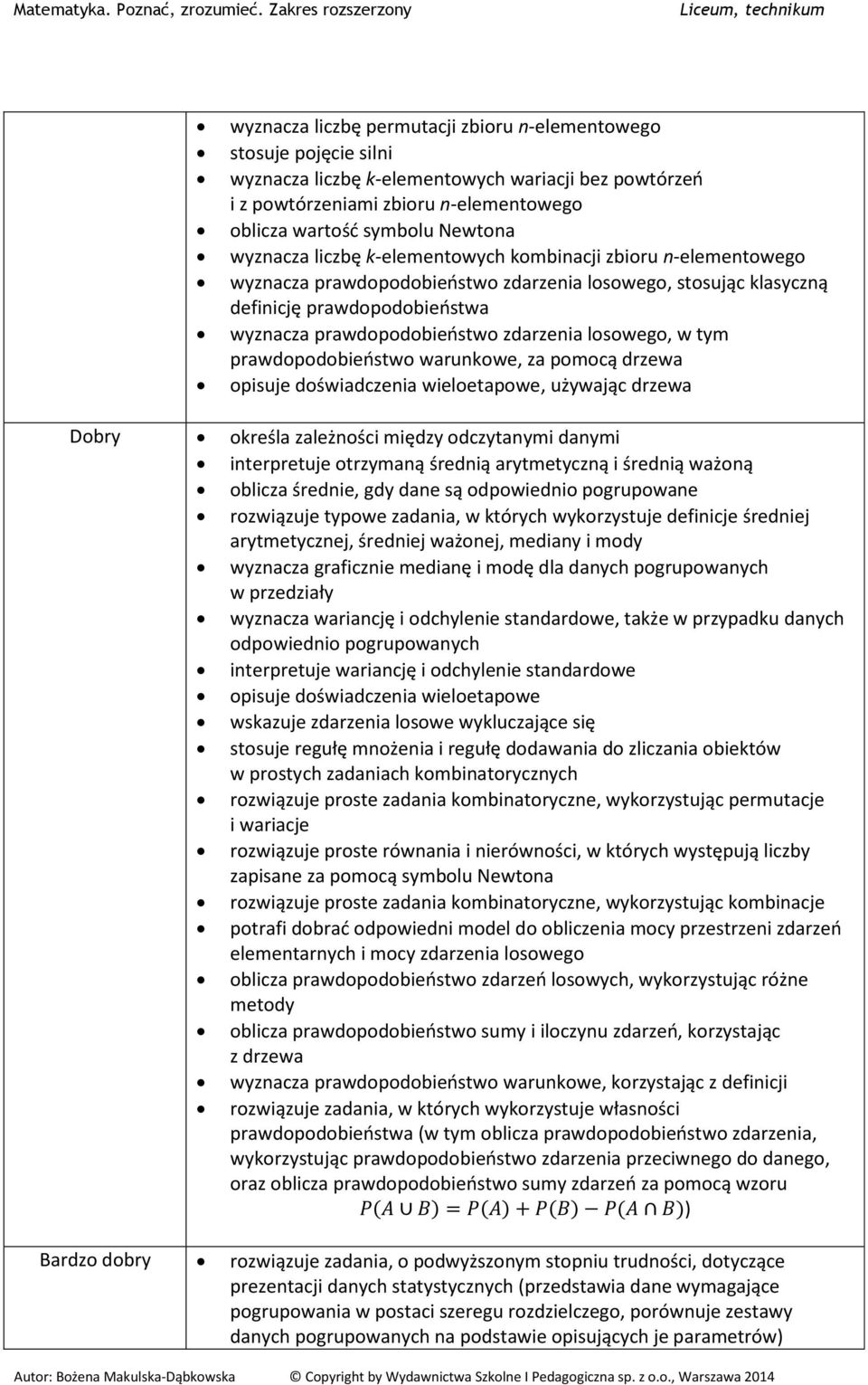 losowego, w tym prawdopodobieństwo warunkowe, za pomocą drzewa opisuje doświadczenia wieloetapowe, używając drzewa Dobry określa zależności między odczytanymi danymi interpretuje otrzymaną średnią