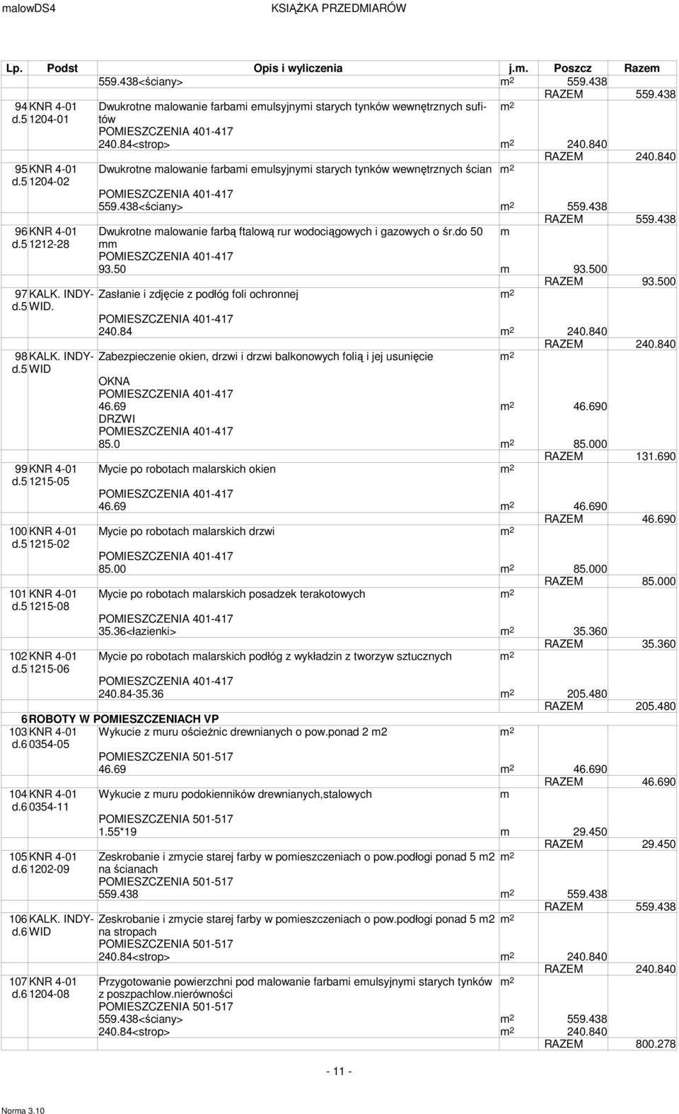 50 m 93.500 RAZEM 93.500 Zasłanie i zdjęcie z podłóg foli ochronnej 240.84 240.840 98 KALK. INDY- Zabezpieczenie okien, drzwi i drzwi balkonowych folią i jej usunięcie d.5 WID OKNA 46.69 46.