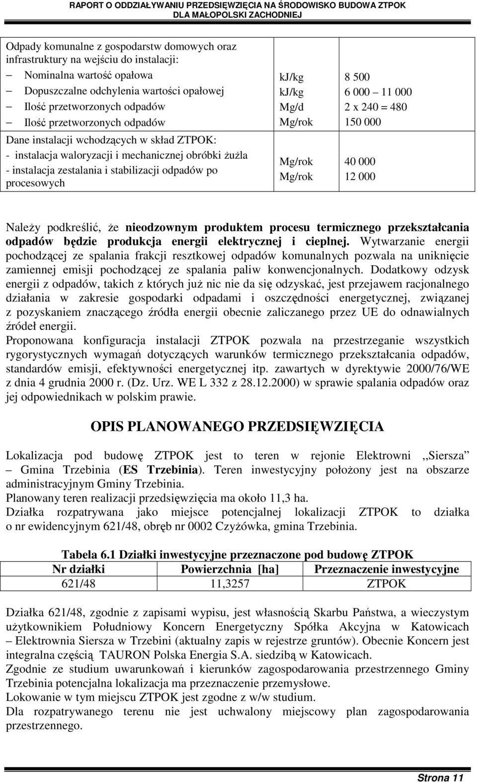 Mg/rok Mg/rok Mg/rok 8 500 6 000 11 000 2 x 240 = 480 150 000 40 000 12 000 NaleŜy podkreślić, Ŝe nieodzownym produktem procesu termicznego przekształcania odpadów będzie produkcja energii