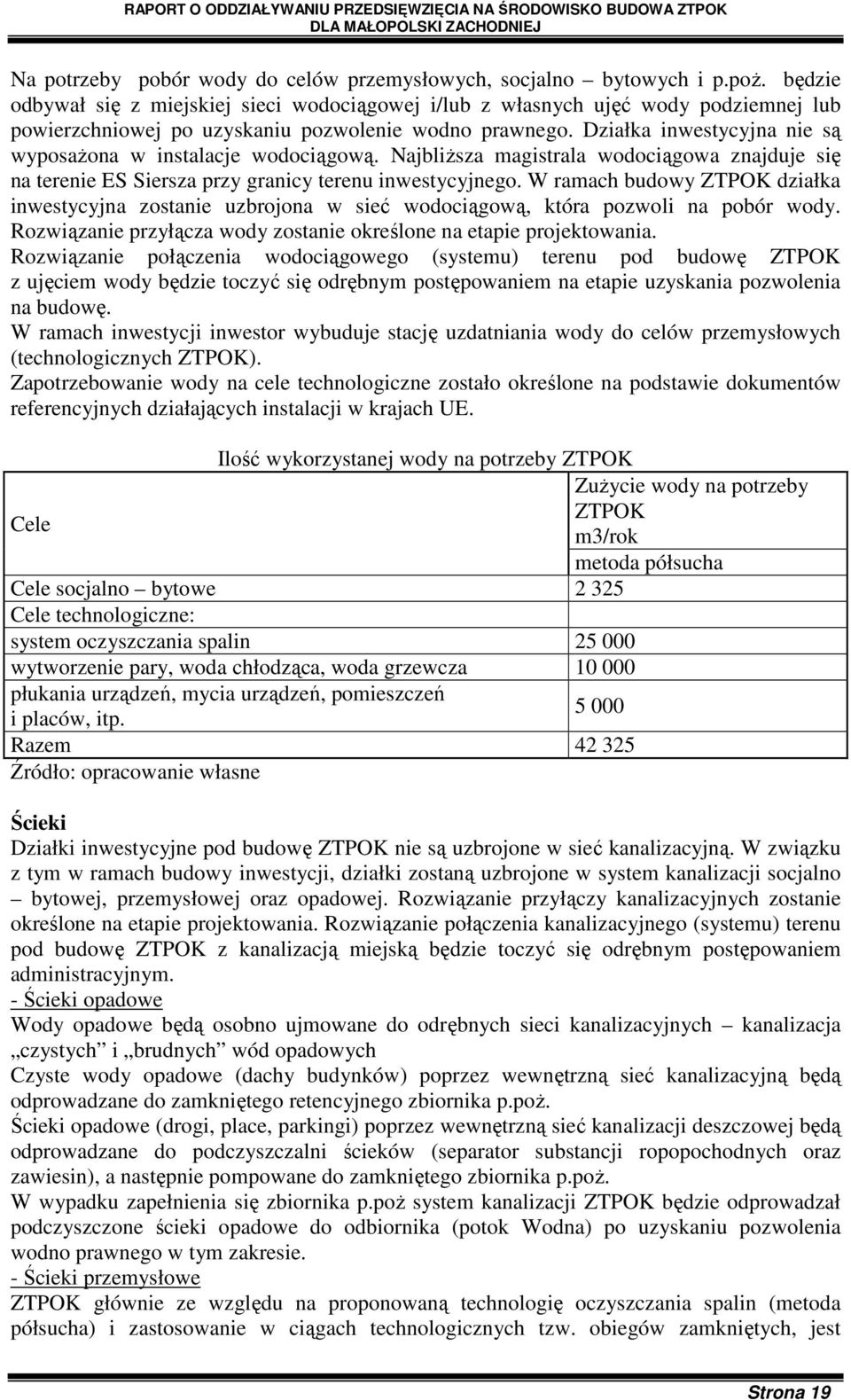 Działka inwestycyjna nie są wyposaŝona w instalacje wodociągową. NajbliŜsza magistrala wodociągowa znajduje się na terenie ES Siersza przy granicy terenu inwestycyjnego.
