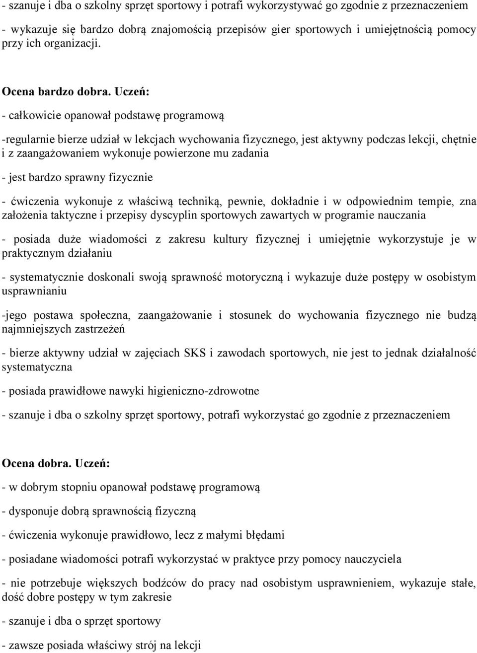 Uczeń: - całkowicie opanował podstawę programową -regularnie bierze udział w lekcjach wychowania fizycznego, jest aktywny podczas lekcji, chętnie i z zaangażowaniem wykonuje powierzone mu zadania -