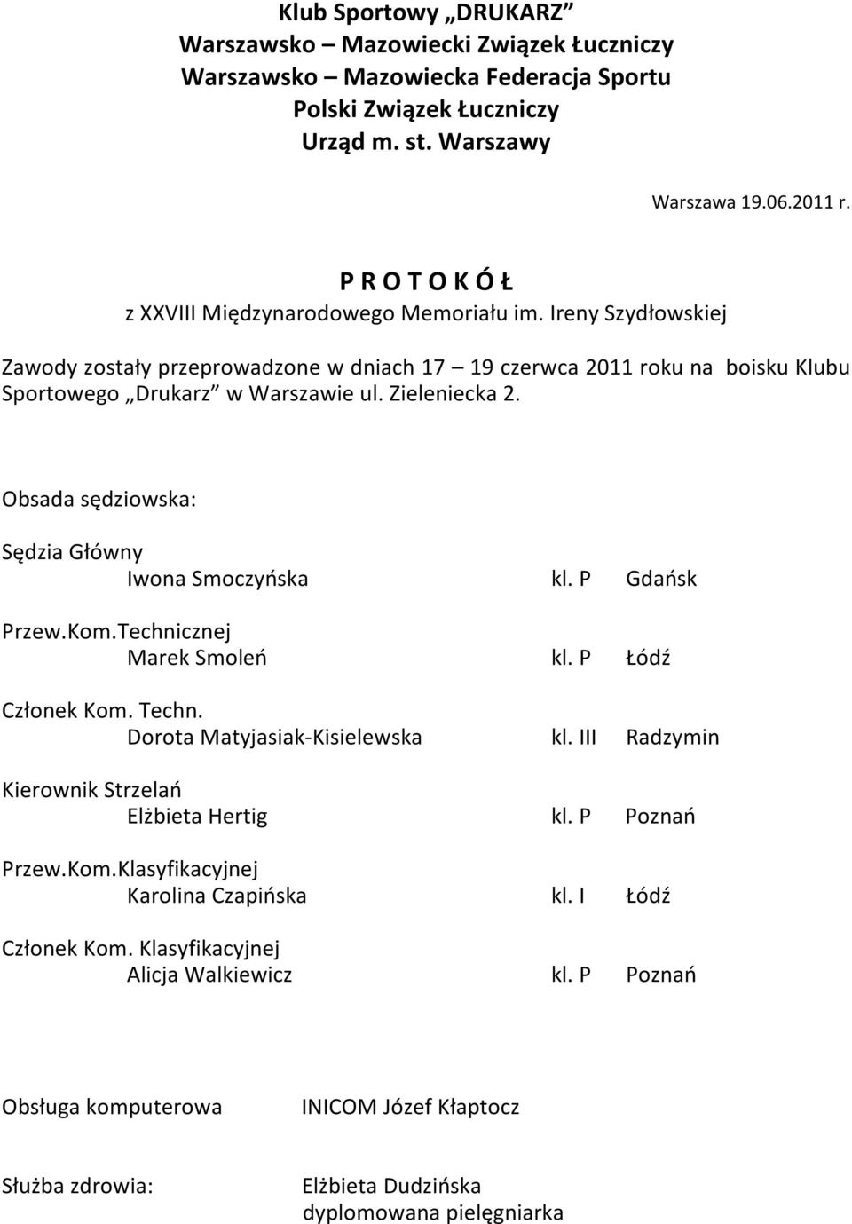 Zieleniecka 2. Obsada sędziowska: Sędzia Główny Iwona Smoczyńska Przew.Kom.Technicznej Marek Smoleń Członek Kom. Techn. Dorota Matyjasiak-Kisielewska Kierownik Strzelań Elżbieta Hertig Przew.Kom.Klasyfikacyjnej Karolina Czapińska Członek Kom.
