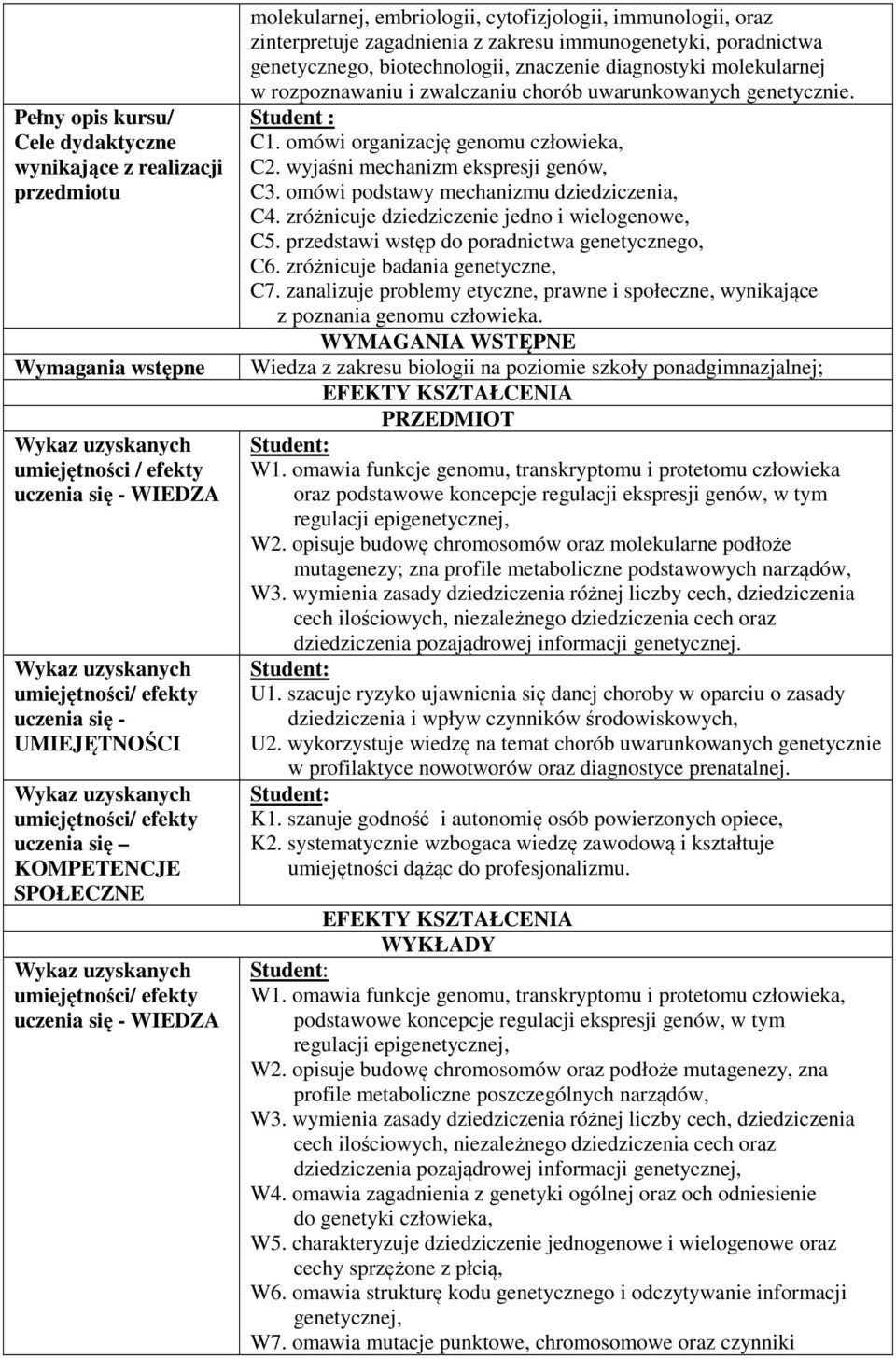 genetycznie. Student : C1. omówi organizację genomu człowieka, C. wyjaśni mechanizm ekspresji genów, C3. omówi podstawy mechanizmu dziedziczenia, C4. zróżnicuje dziedziczenie jedno i wielogenowe, C5.