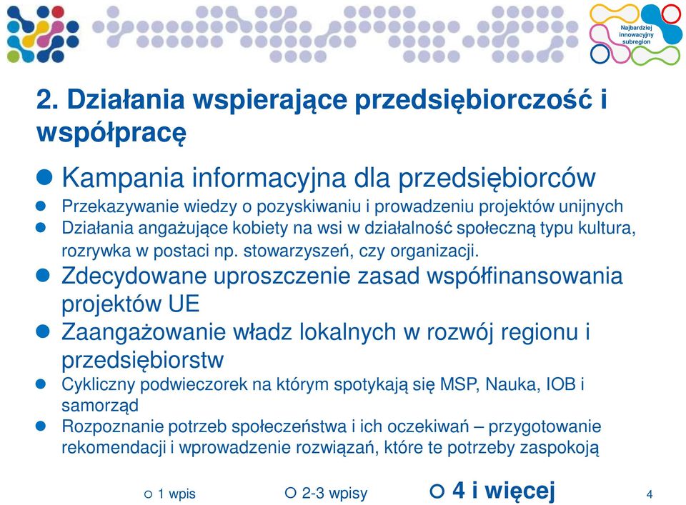 Zdecydowane uproszczenie zasad współfinansowania projektów UE Zaangażowanie władz lokalnych w rozwój regionu i przedsiębiorstw Cykliczny podwieczorek na