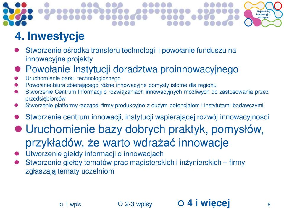 platformy łączącej firmy produkcyjne z dużym potencjałem i instytutami badawczymi Stworzenie centrum innowacji, instytucji wspierającej rozwój innowacyjności Uruchomienie bazy dobrych