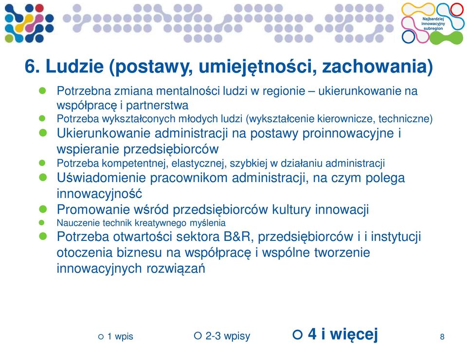 elastycznej, szybkiej w działaniu administracji Uświadomienie pracownikom administracji, na czym polega innowacyjność Promowanie wśród przedsiębiorców kultury