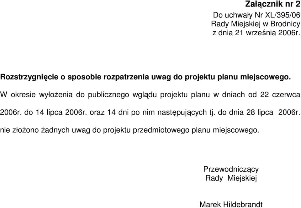 W okresie wyłoŝenia do publicznego wglądu projektu planu w dniach od 22 czerwca 2006r. do 14 lipca 2006r.