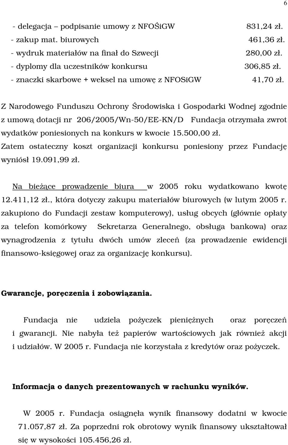 Z Narodowego Funduszu Ochrony Środowiska i Gospodarki Wodnej zgodnie z umową dotacji nr 206/2005/Wn-50/EE-KN/D Fundacja otrzymała zwrot wydatków poniesionych na konkurs w kwocie 15.500,00 zł.