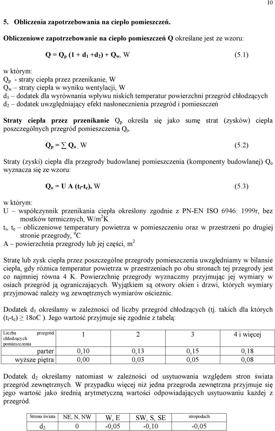 efekt nasłonecznienia przegród i pomieszczeń Straty ciepła przez przenikanie Q p określa się jako sumę strat (zysków) ciepła poszczególnych przegród pomieszczenia Q o. Q p = Q o, W (5.