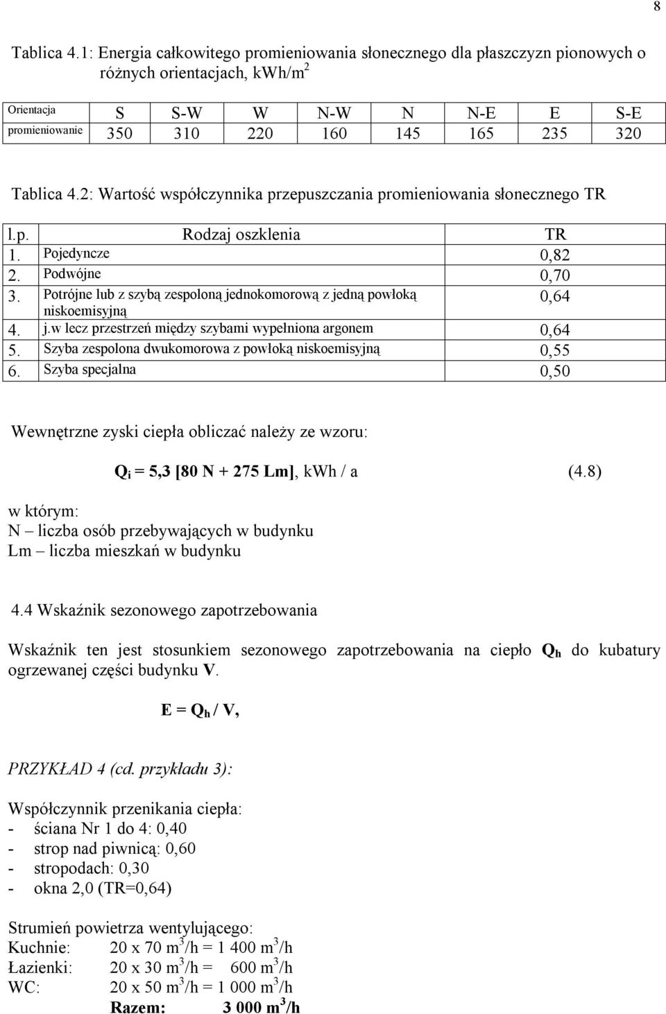 2: Wartość współczynnika przepuszczania promieniowania słonecznego TR l.p. Rodzaj oszklenia TR 1. Pojedyncze 0,82 2. Podwójne 0,70 3.