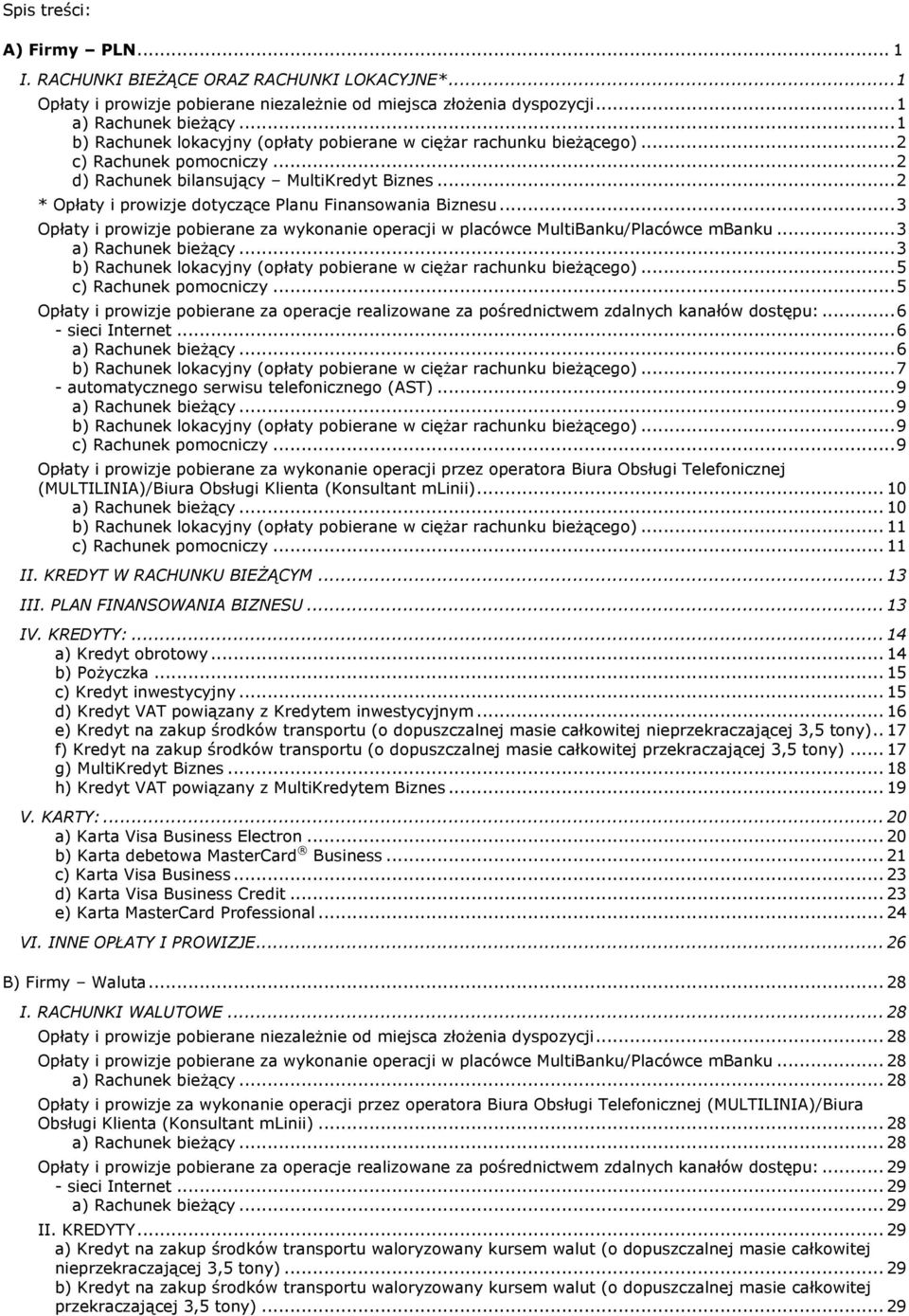 .. 2 * Opłaty i prowizje dotyczące Planu Finansowania Biznesu... 3 Opłaty i prowizje pobierane za wykonanie operacji w placówce MultiBanku/Placówce mbanku... 3 a) Rachunek bieżący.