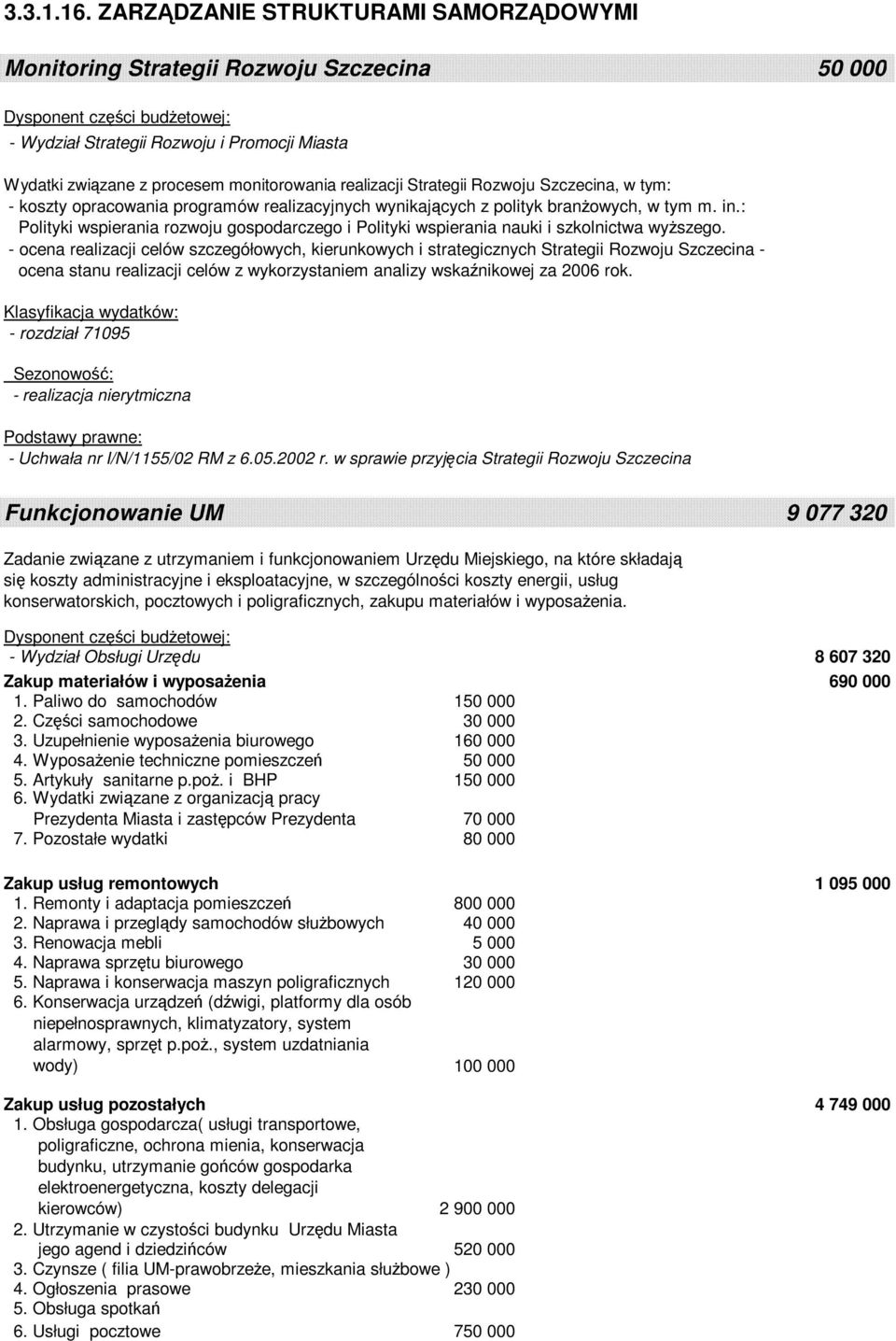 Rozwoju Szczecina, w tym: - koszty opracowania programów realizacyjnych wynikających z polityk branŝowych, w tym m. in.