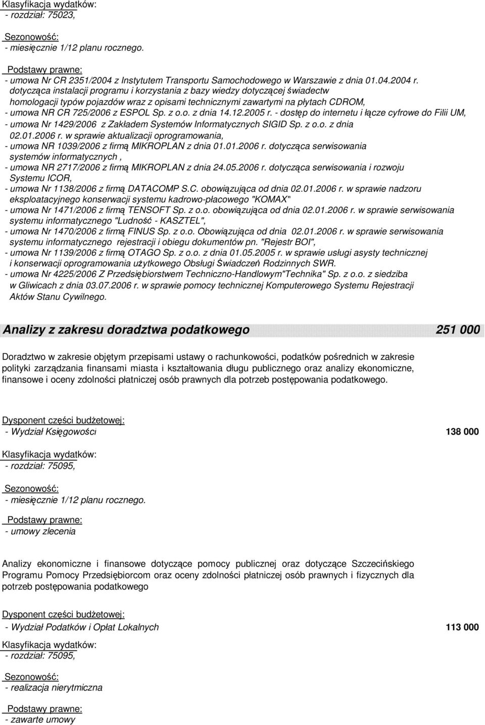 z o.o. z dnia 14.12.2005 r. - dostęp do internetu i łącze cyfrowe do Filii UM, - umowa Nr 1429/2006 z Zakładem Systemów Informatycznych SIGID Sp. z o.o. z dnia 02.01.2006 r.