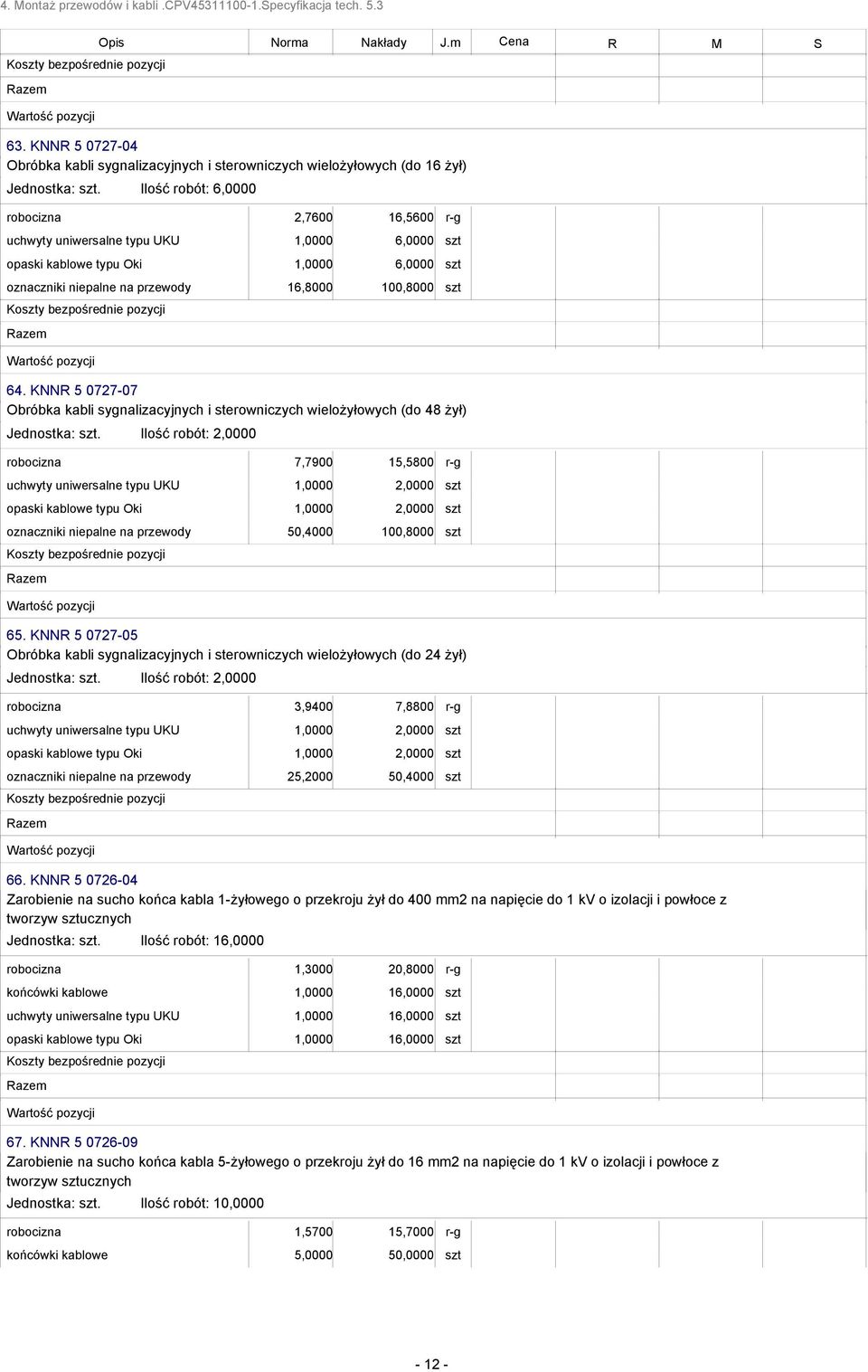 KNNR 5 0727-07 Obróbka kabli sygnalizacyjnych i sterowniczych wielożyłowych (do 48 żył) Jednostka: szt.