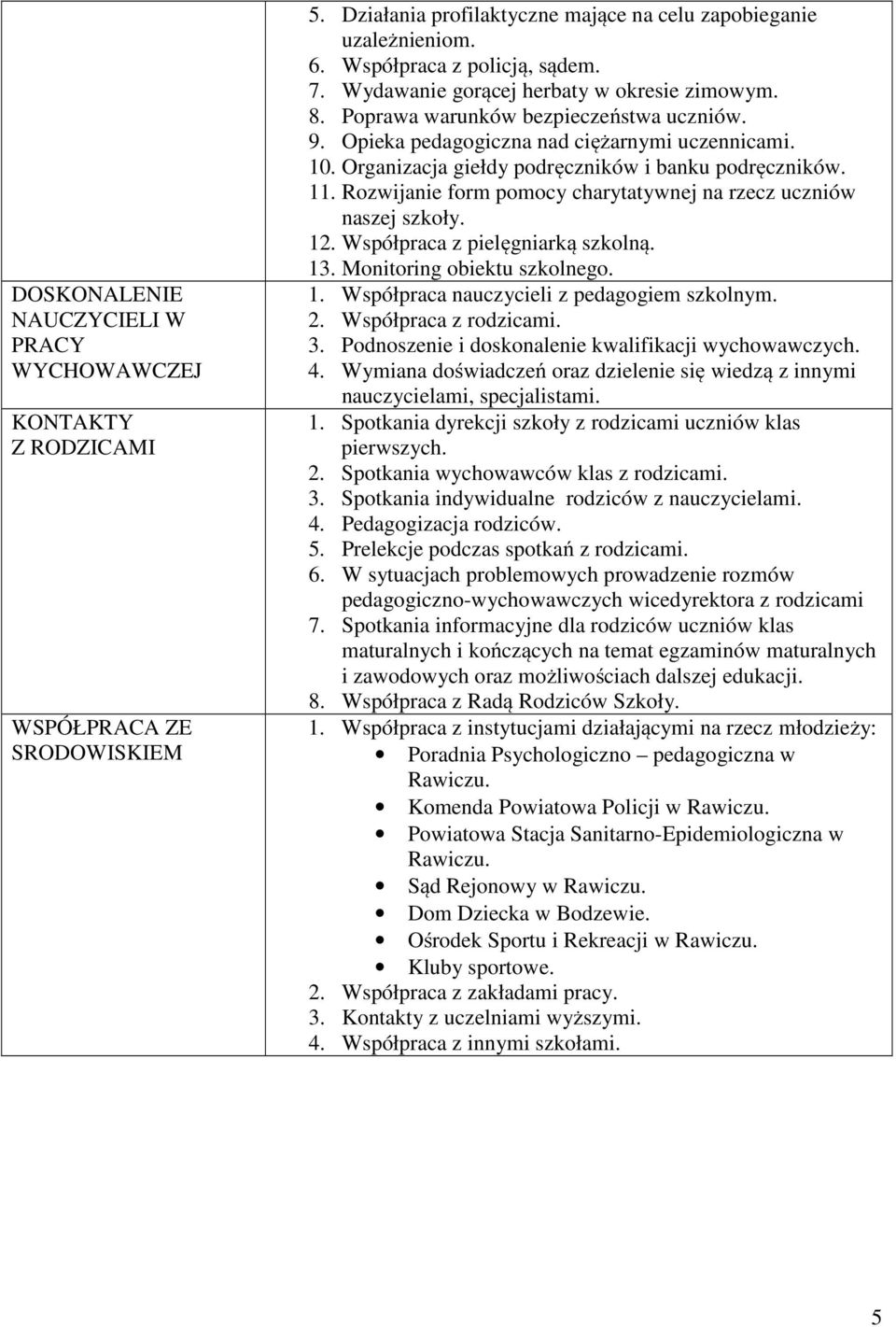 11. Rozwijanie form pomocy charytatywnej na rzecz uczniów naszej szkoły. 12. Współpraca z pielęgniarką szkolną. 13. Monitoring obiektu szkolnego. 1. Współpraca nauczycieli z pedagogiem szkolnym. 2.