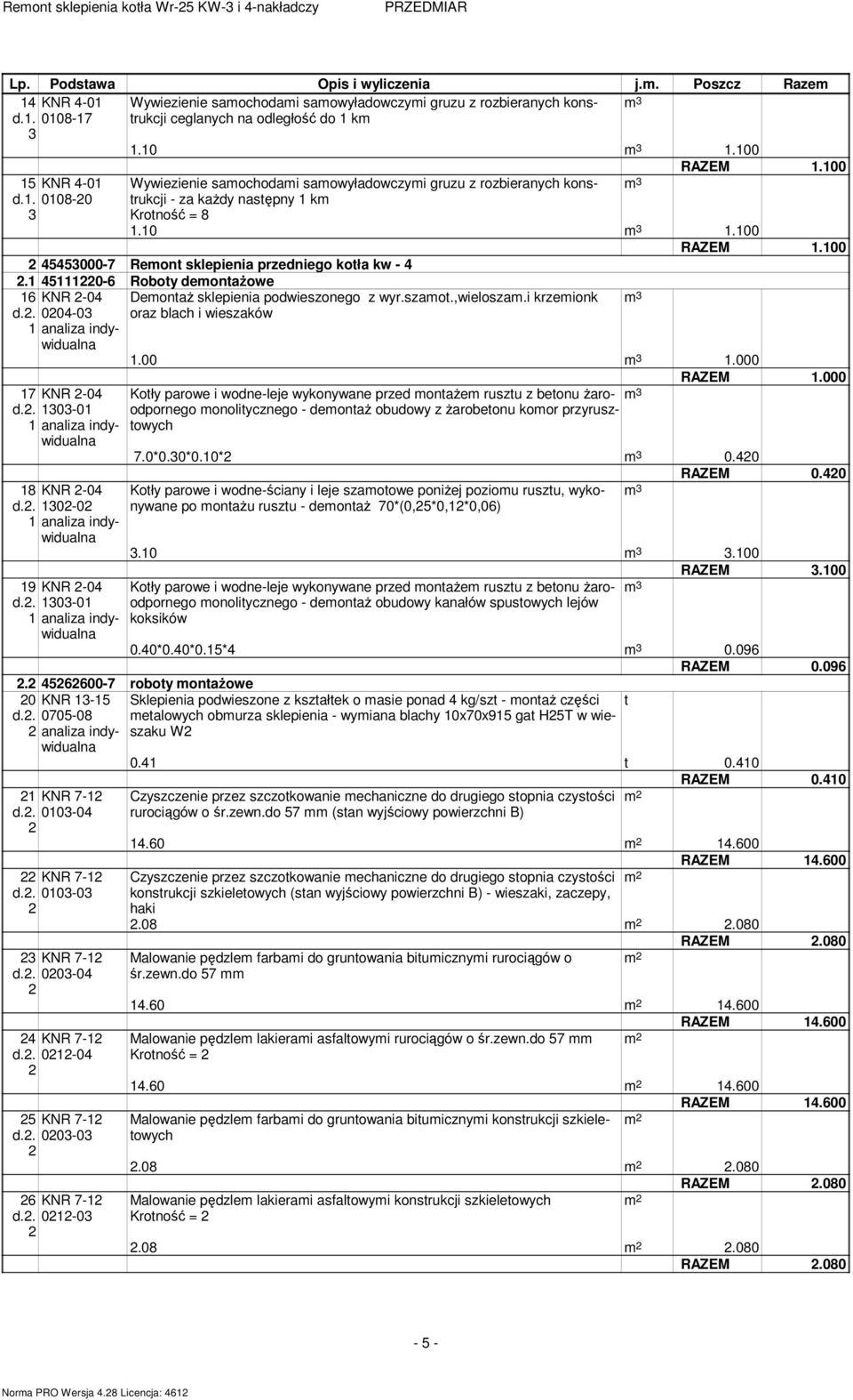 100 45453000-7 Remont sklepienia przedniego kotła kw - 4.1 451110-6 Roboty demontażowe 16 d.. 1 KNR -04 004-17 KNR -04 d.. 13-01 1 18 KNR -04 d.. 130-0 1 19 KNR -04 d.