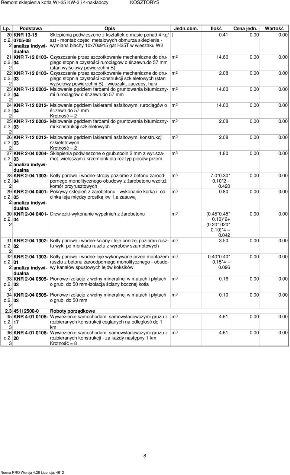 . 0705-08 analiza indywi- Sklepienia podwieszone z kształtek o masie ponad 4 kg/ szt - montaż części metalowych obmurza sklepienia - wymiana blachy 10x70x915 gat H5T w wieszaku W t 0.41 0.00 0.