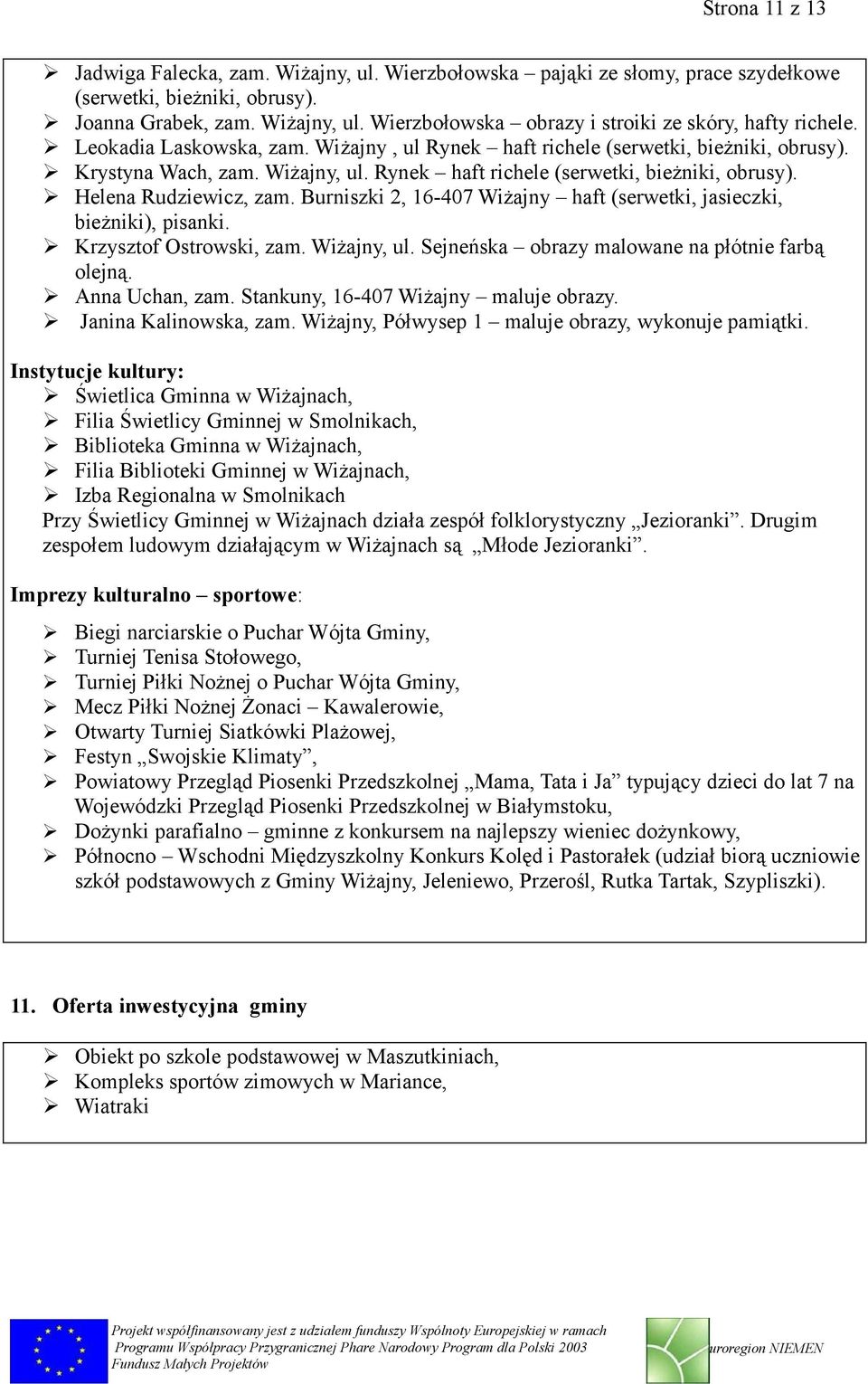 Burniszki 2, 16-407 Wiżajny haft (serwetki, jasieczki, bieżniki), pisanki. Krzysztof Ostrowski, zam. Wiżajny, ul. Sejneńska obrazy malowane na płótnie farbą olejną. Anna Uchan, zam.