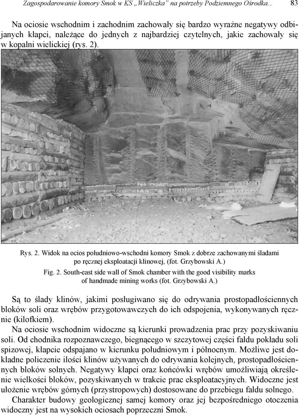 Grzybowski A.) Fig. 2. South-east side wall of Smok chamber with the good visibility marks of handmade mining works (fot. Grzybowski A.