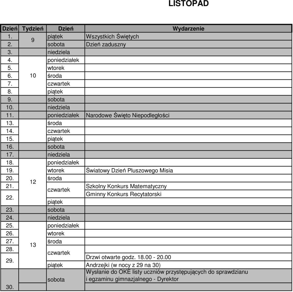 środa 12 21. Szkolny Konkurs Matematyczny Gminny Konkurs Recytatorski 22. 23. sobota 24. niedziela 25. poniedziałek 26. wtorek 27. środa 13 28.