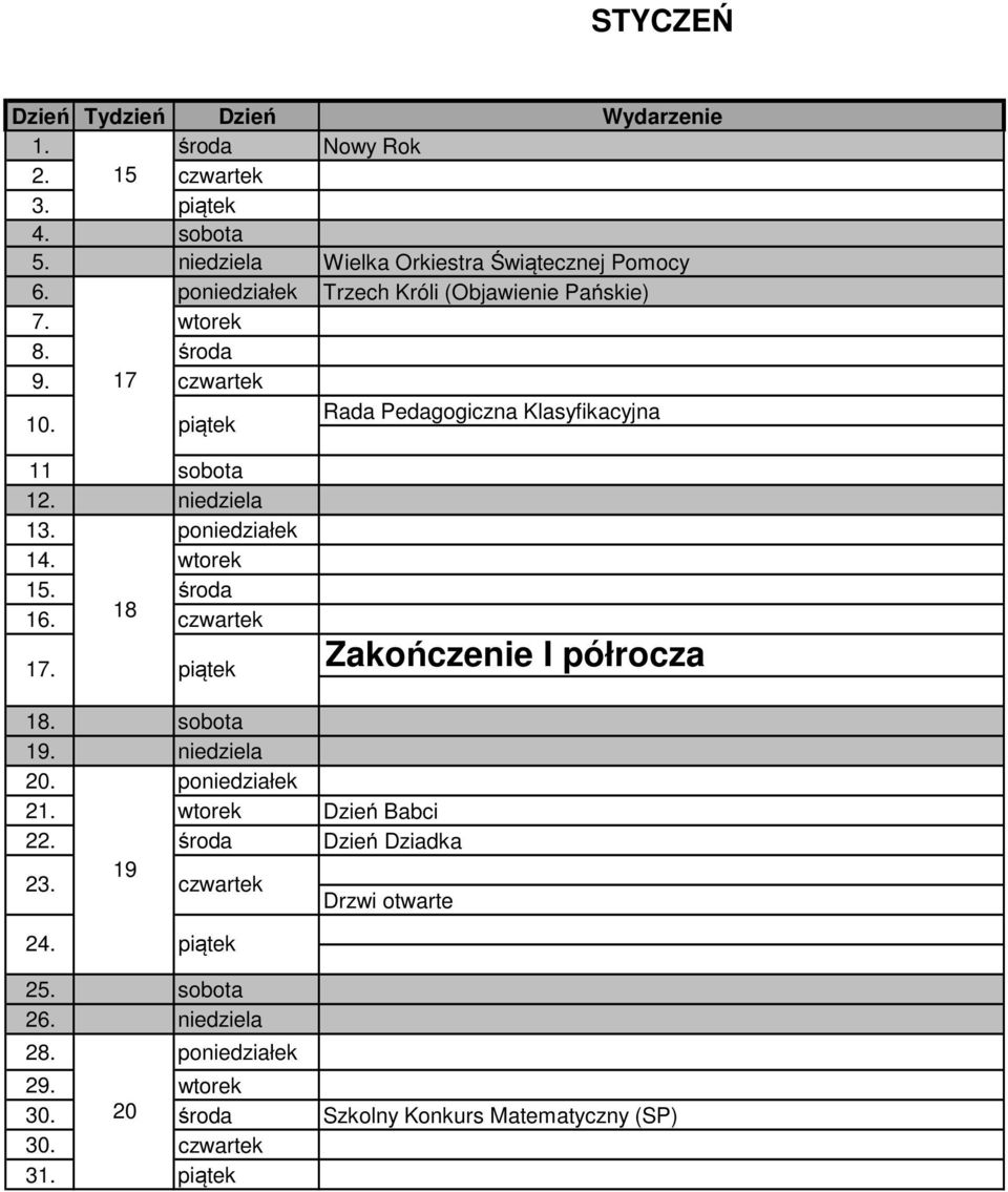 niedziela 13. poniedziałek 14. wtorek 15. środa 16. 18 17. Zakończenie I półrocza 18. sobota 19. niedziela 20. poniedziałek 21.