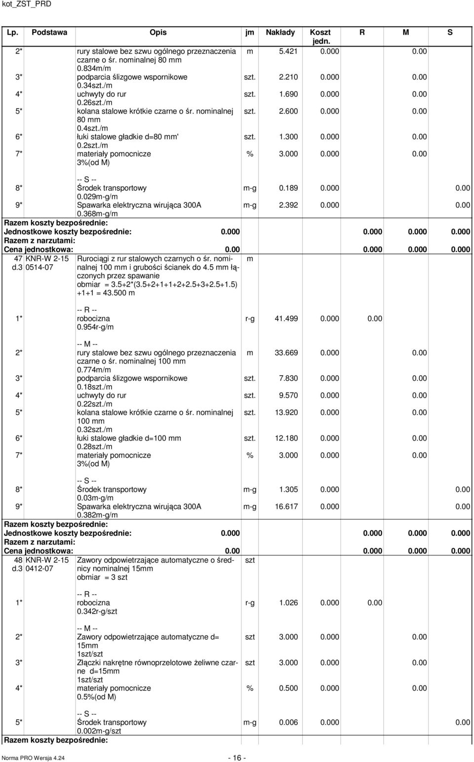 189 0.000 0.00 0.029-g/ 9* Spawarka elektryczna wirująca 300A -g 2.392 0.000 0.00 0.368-g/ 47 d.3 KNR-W 2-15 0514-07 Rurociągi z rur stalowych czarnych o śr. noinalnej 100 i grubości ścianek do 4.