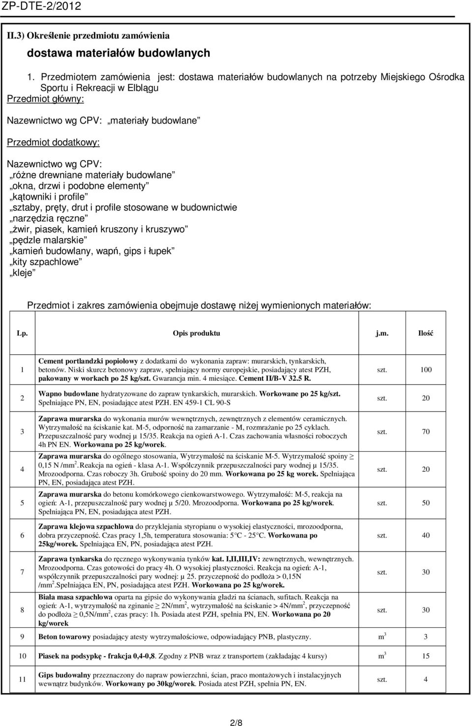 Nazewnictwo wg CPV: różne drewniane materiały budowlane okna, drzwi i podobne elementy kątowniki i profile sztaby, pręty, drut i profile stosowane w budownictwie narzędzia ręczne żwir, piasek, kamień