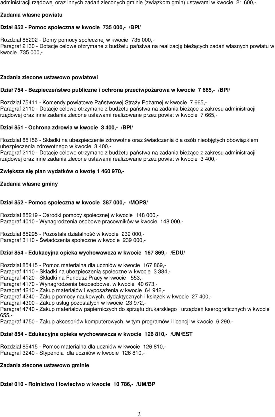 754 - Bezpieczeństwo publiczne i ochrona przeciwpoŝarowa w kwocie 7 665,- /BPI/ Rozdział 75411 - Komendy powiatowe Państwowej StraŜy PoŜarnej w kwocie 7 665,- Paragraf 2110 - tacje celowe otrzymane z