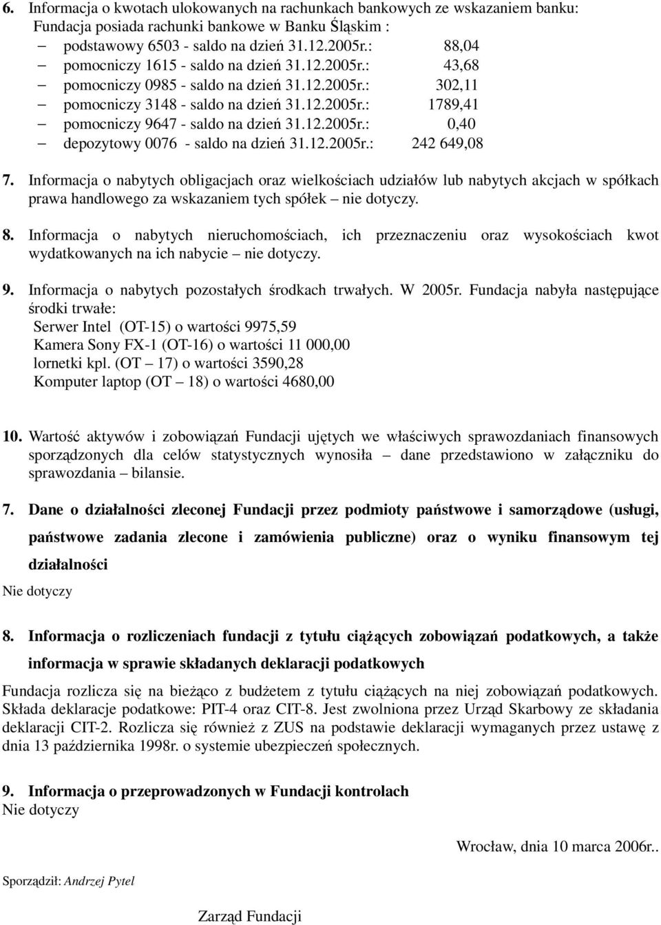 12.2005r.: 0,40 depozytowy 0076 - saldo na dzień 31.12.2005r.: 242 649,08 7.