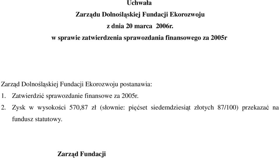 Ekorozwoju postanawia: 1. Zatwierdzić sprawozdanie finansowe za 20