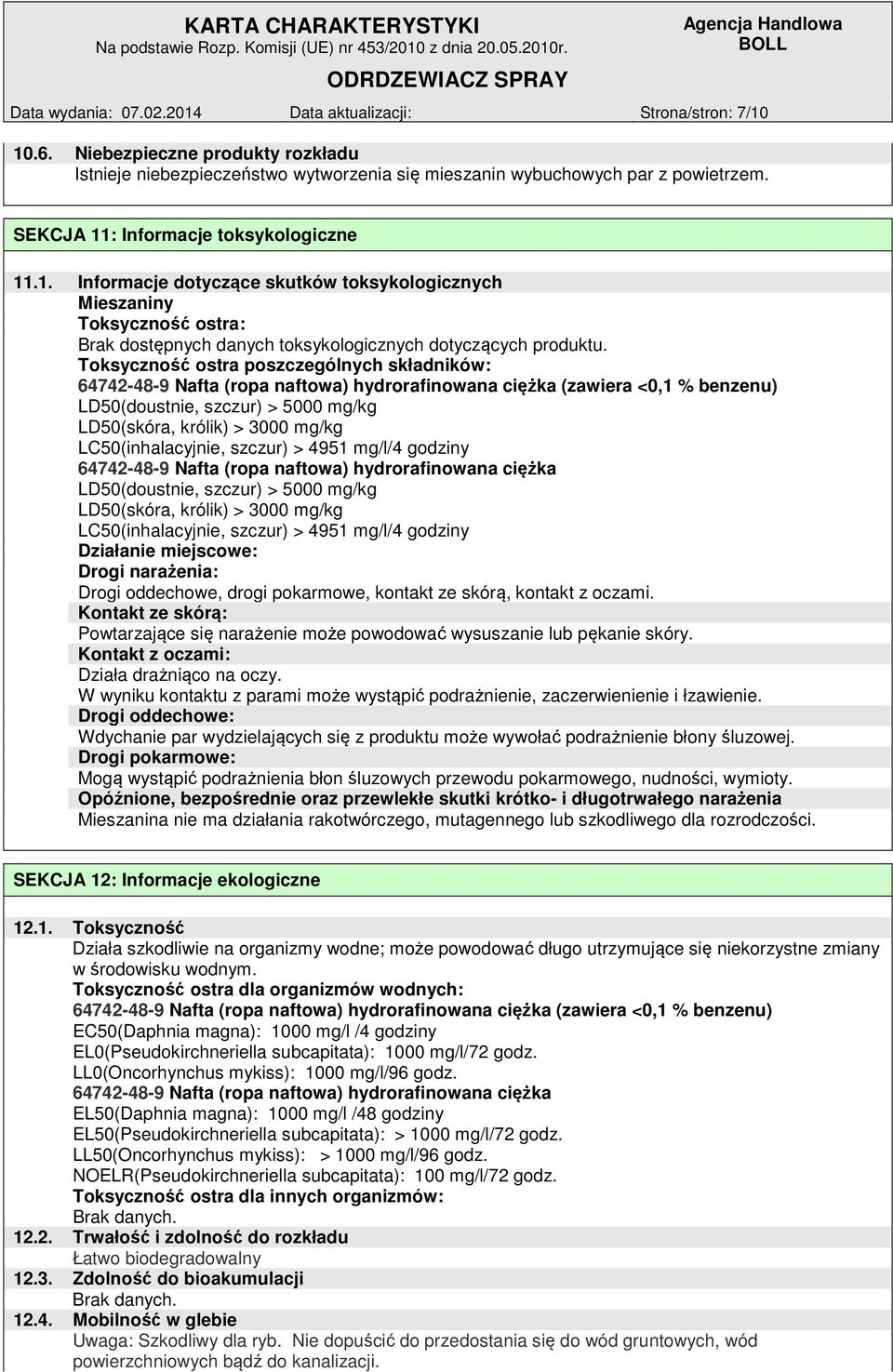 Toksyczność ostra poszczególnych składników: 64742-48-9 Nafta (ropa naftowa) hydrorafinowana ciężka (zawiera <0,1 % benzenu) LD50(doustnie, szczur) > 5000 mg/kg LD50(skóra, królik) > 3000 mg/kg