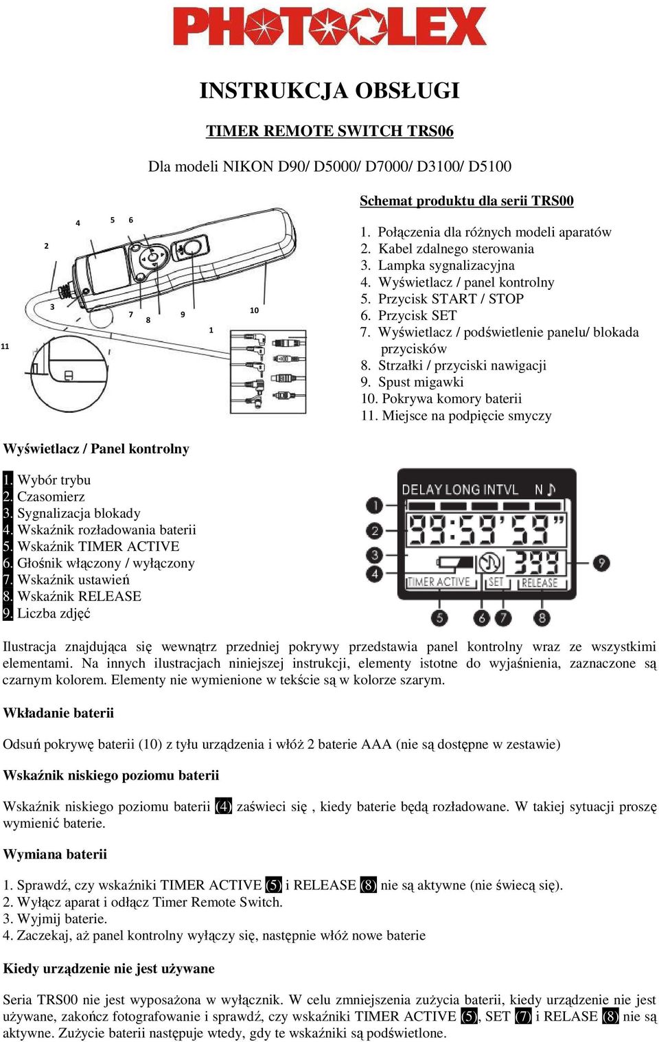 Strzałki / przyciski nawigacji 9. Spust migawki 10. Pokrywa komory baterii 11. Miejsce na podpięcie smyczy Wyświetlacz / Panel kontrolny 1. Wybór trybu 2. Czasomierz 3. Sygnalizacja blokady 4.