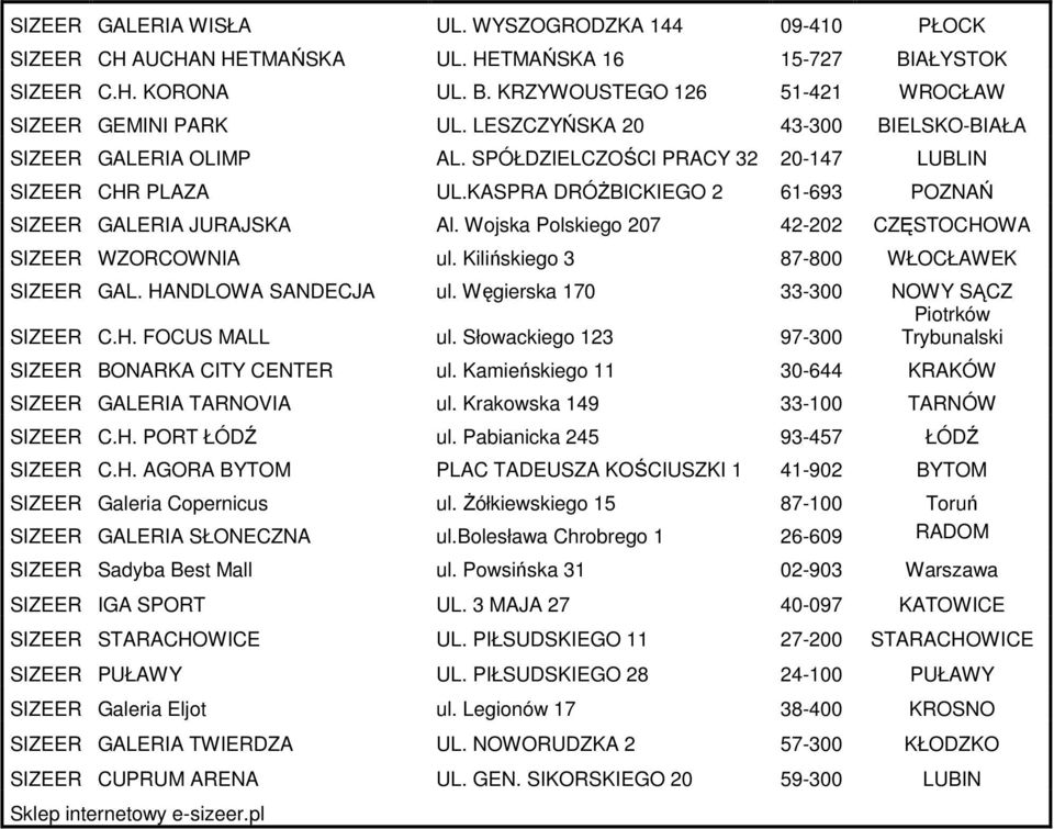 Wojska Polskiego 207 42-202 CZĘSTOCHOWA SIZEER WZORCOWNIA ul. Kilińskiego 3 87-800 WŁOCŁAWEK SIZEER GAL. HANDLOWA SANDECJA ul. Węgierska 170 33-300 NOWY SĄCZ Piotrków SIZEER C.H. FOCUS MALL ul.