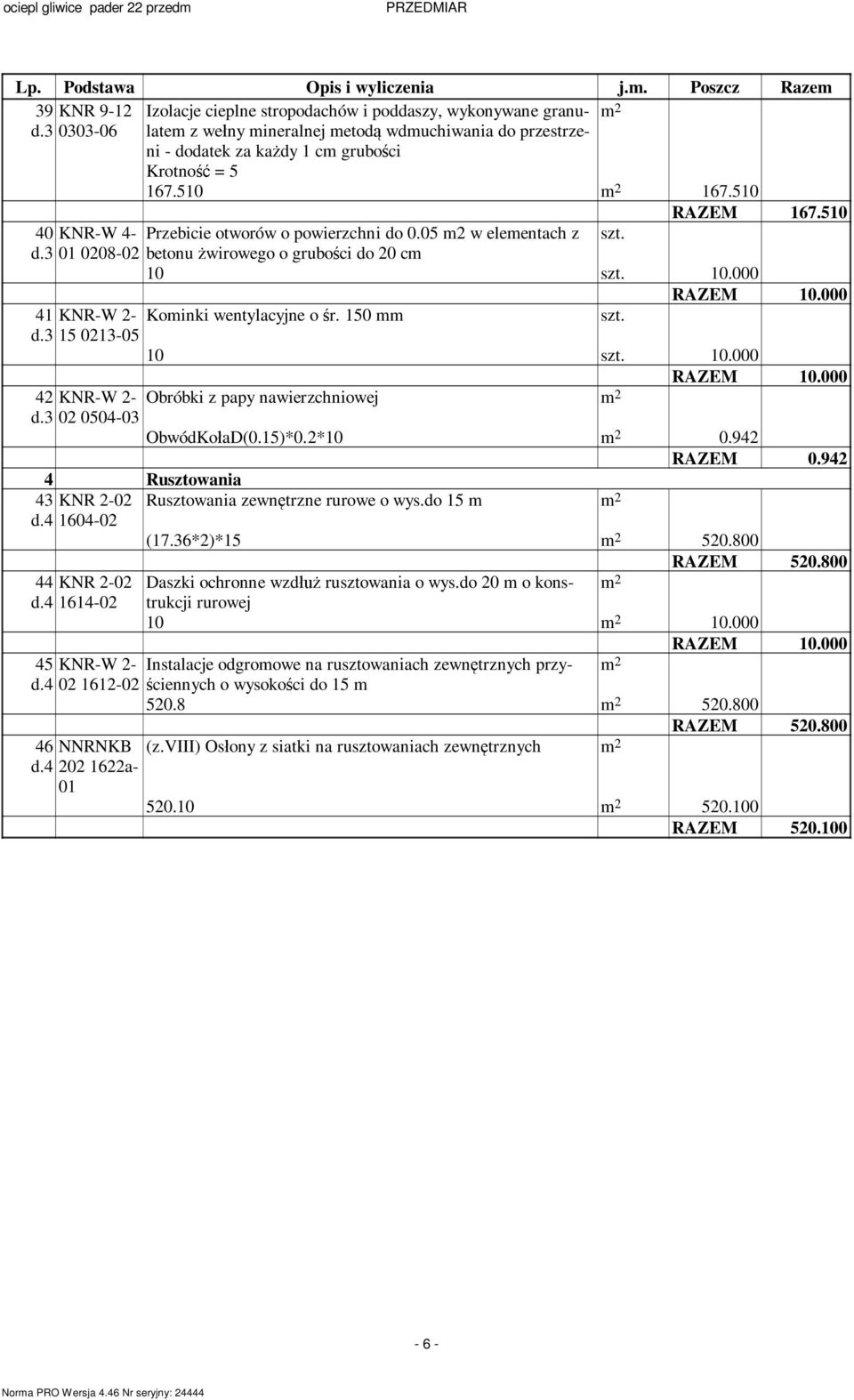 150 mm d.3 15 0213-05 10 10.000 RAZEM 10.000 42 KNR-W 2- Obróbki z papy nawierzchniowej d.3 02 0504-03 ObwódKo ad(0.15)*0.2*10 0.942 RAZEM 0.942 4 Rusztowania 43 d.4 KNR 2-02 1604-02 44 KNR 2-02 d.