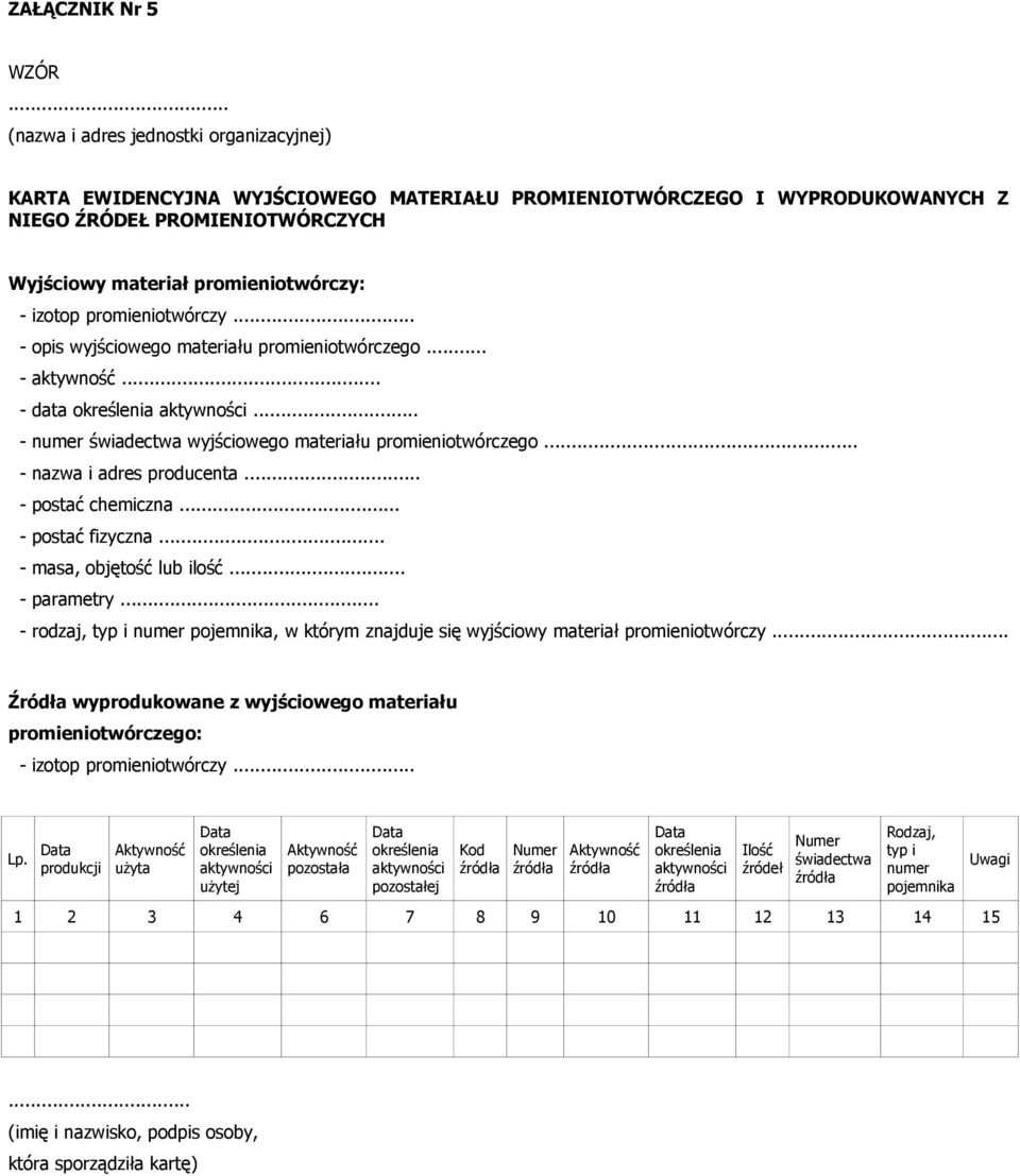 izotop promieniotwórczy... - opis wyjściowego materiału promieniotwórczego... - aktywność... - data określenia aktywności... - numer świadectwa wyjściowego materiału promieniotwórczego.