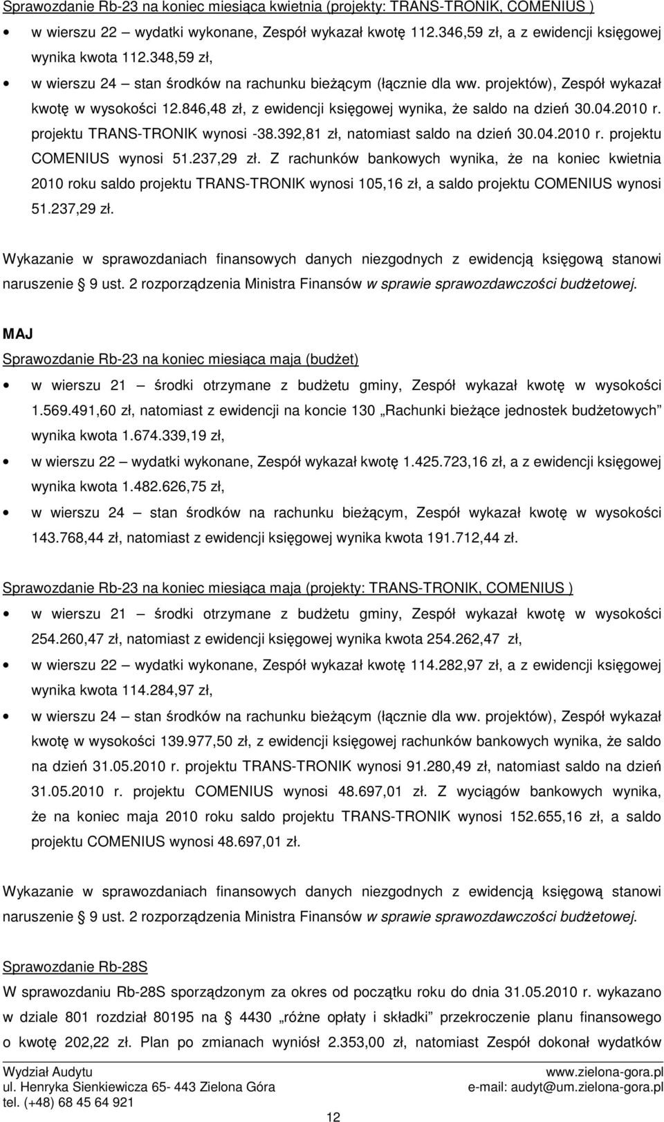 projektu TRANS-TRONIK wynosi -38.392,81 zł, natomiast saldo na dzień 30.04.2010 r. projektu COMENIUS wynosi 51.237,29 zł.