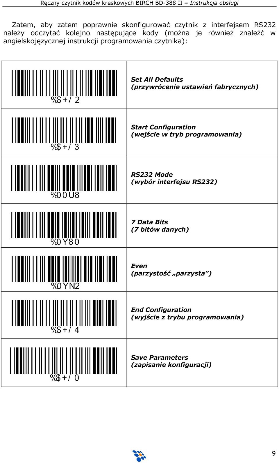 fabrycznych) Start Configuration (wejście w tryb programowania) RS232 Mode (wybór interfejsu RS232) 7 Data Bits (7 bitów