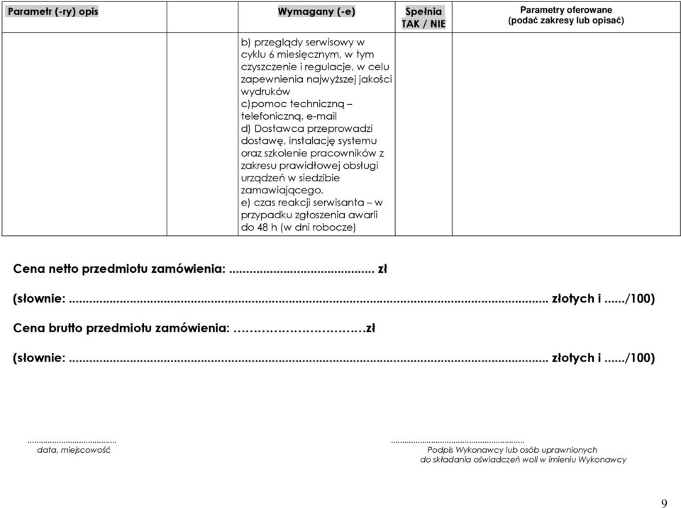 e) czas reakcji serwisanta w przypadku zgłoszenia awarii do 48 h (w dni robocze) Cena netto przedmiotu zamówienia:... zł (słownie:... złotych i.