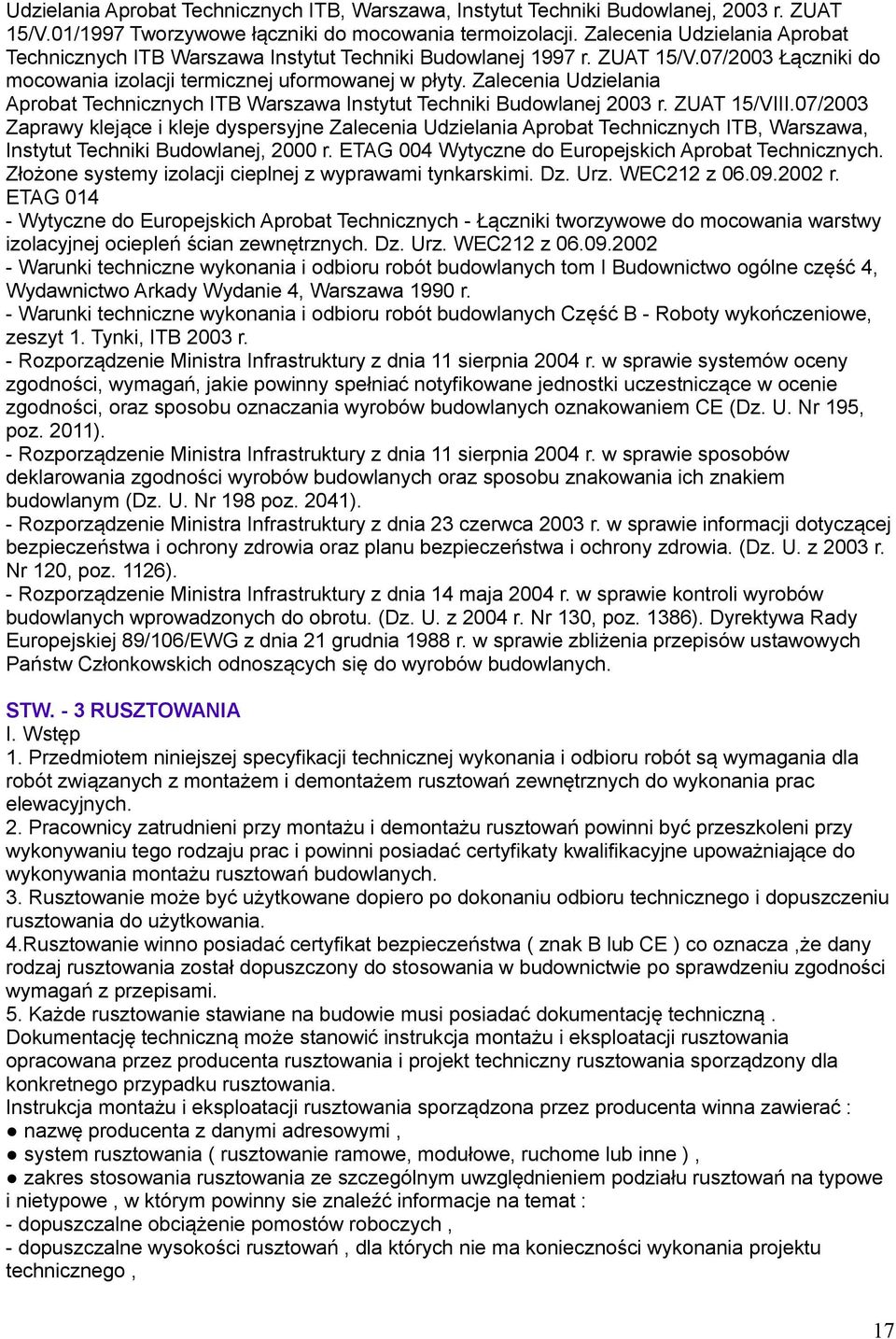 Zalecenia Udzielania Aprobat Technicznych ITB Warszawa Instytut Techniki Budowlanej 2003 r. ZUAT 15/VIII.